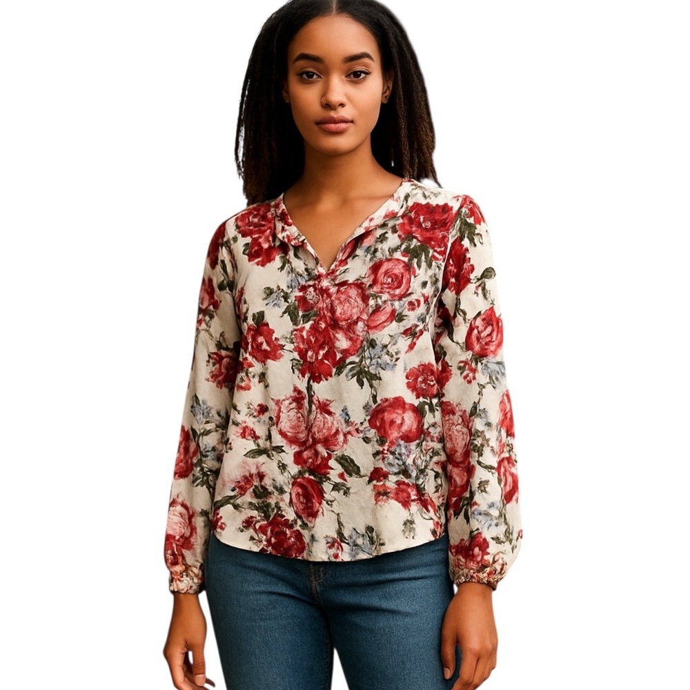 LOFT Ann Taylor Rose Floral Print Blouse Boho Cottage Fairy Victorian SM Petite